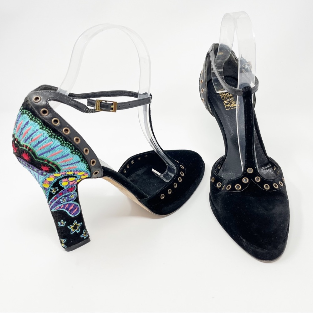 Gianni Versace Embroidered Black Velvet Heels - Platform Grommets T-Strap - 38
